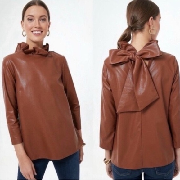 Tuckernuck Tops - Tuckernuck Cognac Leather Faye Blouse 
XS Ruffle Bow Neck Back Long Sleeve